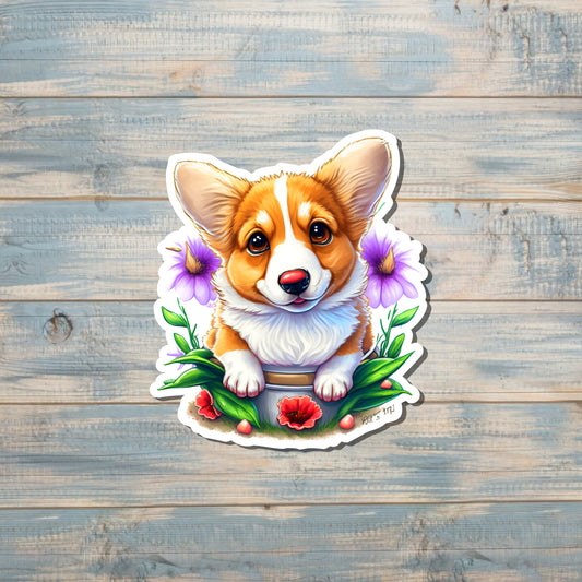 Corgi Sticker w/ Flowers |Lightweight Vinyl Sticker or Magnet |Boho Fun |Refrigerator Fridge Car |Dog Mom Animal Lover |Pet Breed |Sticker or Magnet