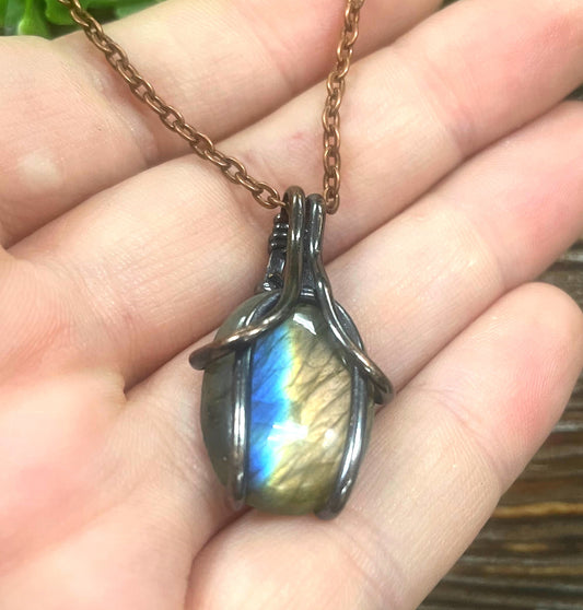 Mini Wire Wrapped Labradorite Gemstone Pendant - Handmade by Marlayna