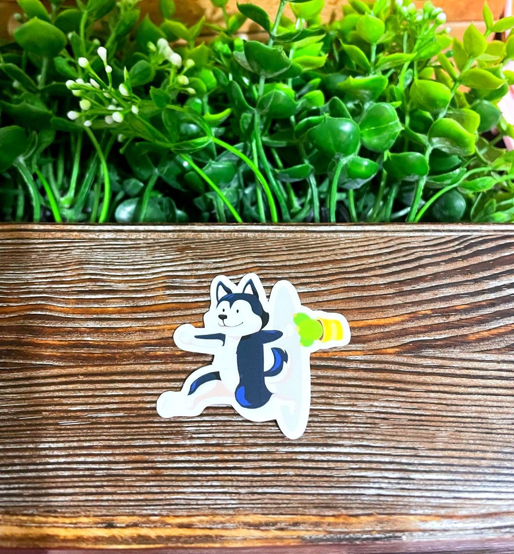 Stretching Siberian Huskie, Die Cut Vinyl Sticker, Boho Fun, Water Resistant, |Sticker or Magnet