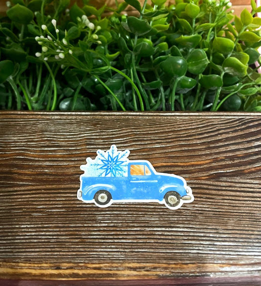 Christmas Truck Blue Snowflake, Die Cut Vinyl Sticker, Boho Fun, Water Resistant, Winter Season Xmas, Envelope Seal |Sticker or Magnet