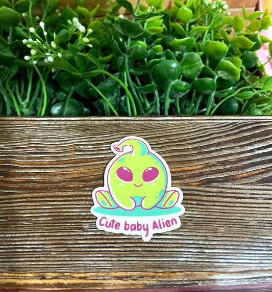 Cute Baby Alien, Die Cut Vinyl Sticker, Boho Fun, Water Resistant, Nasa Green UFO |Sticker or Magnet