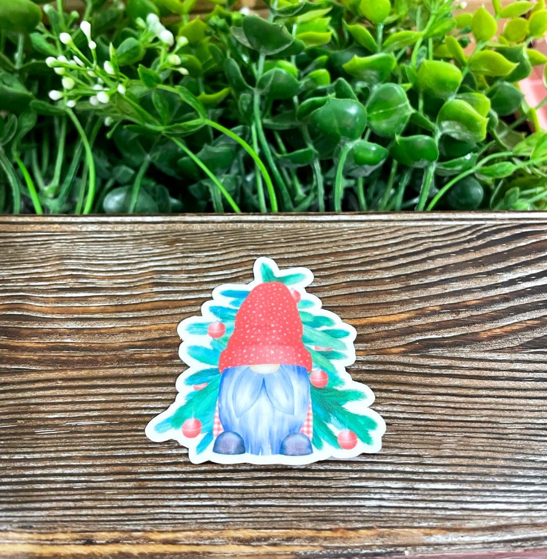 Christmas Pine Tree Gnome, Die Cut Vinyl Sticker, Present Gift, Water Resistant, Winter Season Xmas, Envelope Seal |Sticker or Magnet