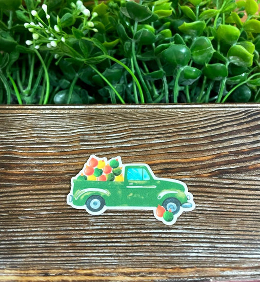 Farm Truck W Fruit, Die Cut Vinyl Sticker, Boho Fun, Water Resistant, Fall Season Green, Envelope Seal |Sticker or Magnet