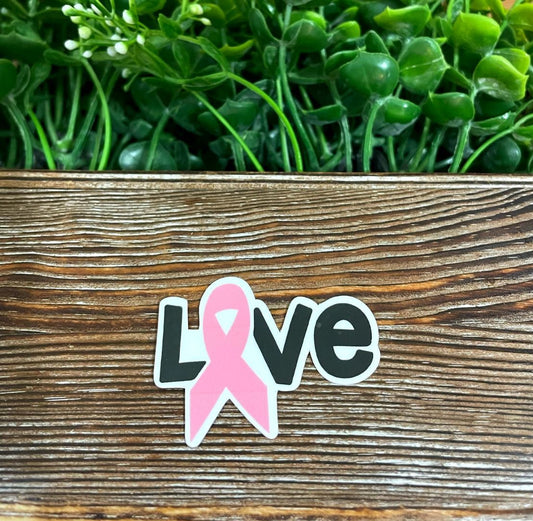 Love W Pink Ribbon, Die Cut Vinyl Sticker, Water Resistant, Pink Fighter Breast, Cancer Awareness, Support Survivor |Sticker or Magnet