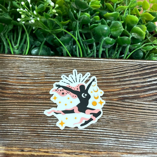 Celestial Gymnast, Die Cut Vinyl Sticker, Boho Fun, Water Resistant, Moon and Stars, Ribbon Dancer |Sticker or Magnet