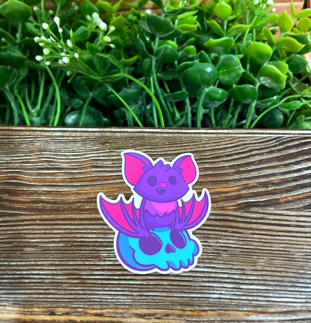 Purple Bat Sitting on Skull, Die Cut Vinyl Sticker, Boho Fun, Water Resistant, Halloween Witch Spooky |Sticker or Magnet