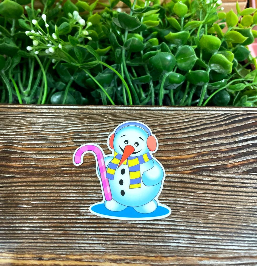 Snowman Pink Candy Cane, Die Cut Vinyl Sticker, Present Gift, Water Resistant, Winter Season Xmas, Envelope Seal |Sticker or Magnet