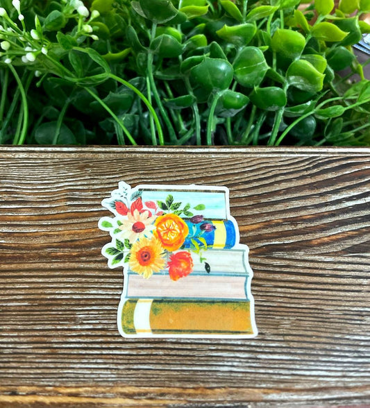 Vintage Book Stack w/ Watercolor Flowers, Die Cut Vinyl Sticker, Boho Floral, Water Resistant, Old Tomes Reader, Love Reading |Sticker or Magnet