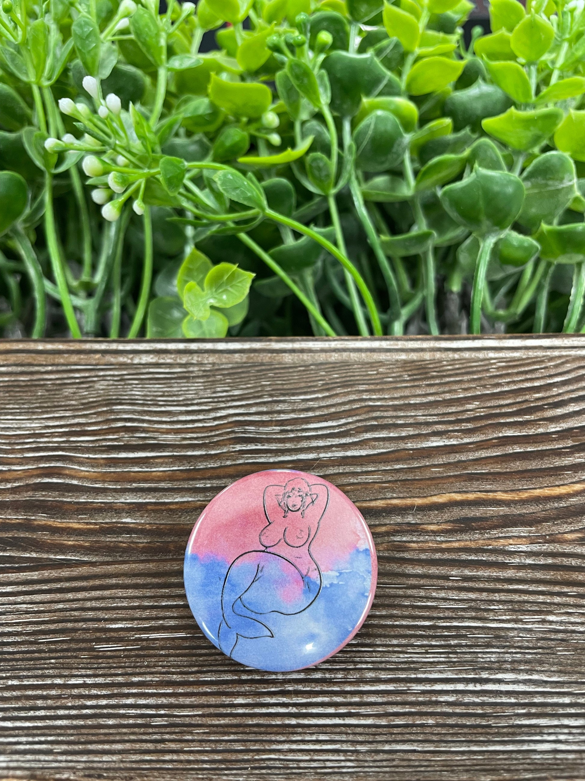 Watercolor Naked Mermaid Graphic Art Button / Pin Refrigerator Magnet - Handmade by Marlayna