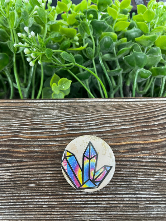 Tie Dye Crystal Gemstone Cluster Graphic Art Button / Pin Refrigerator Magnet  Green Yellow Orange - Handmade by Marlayna