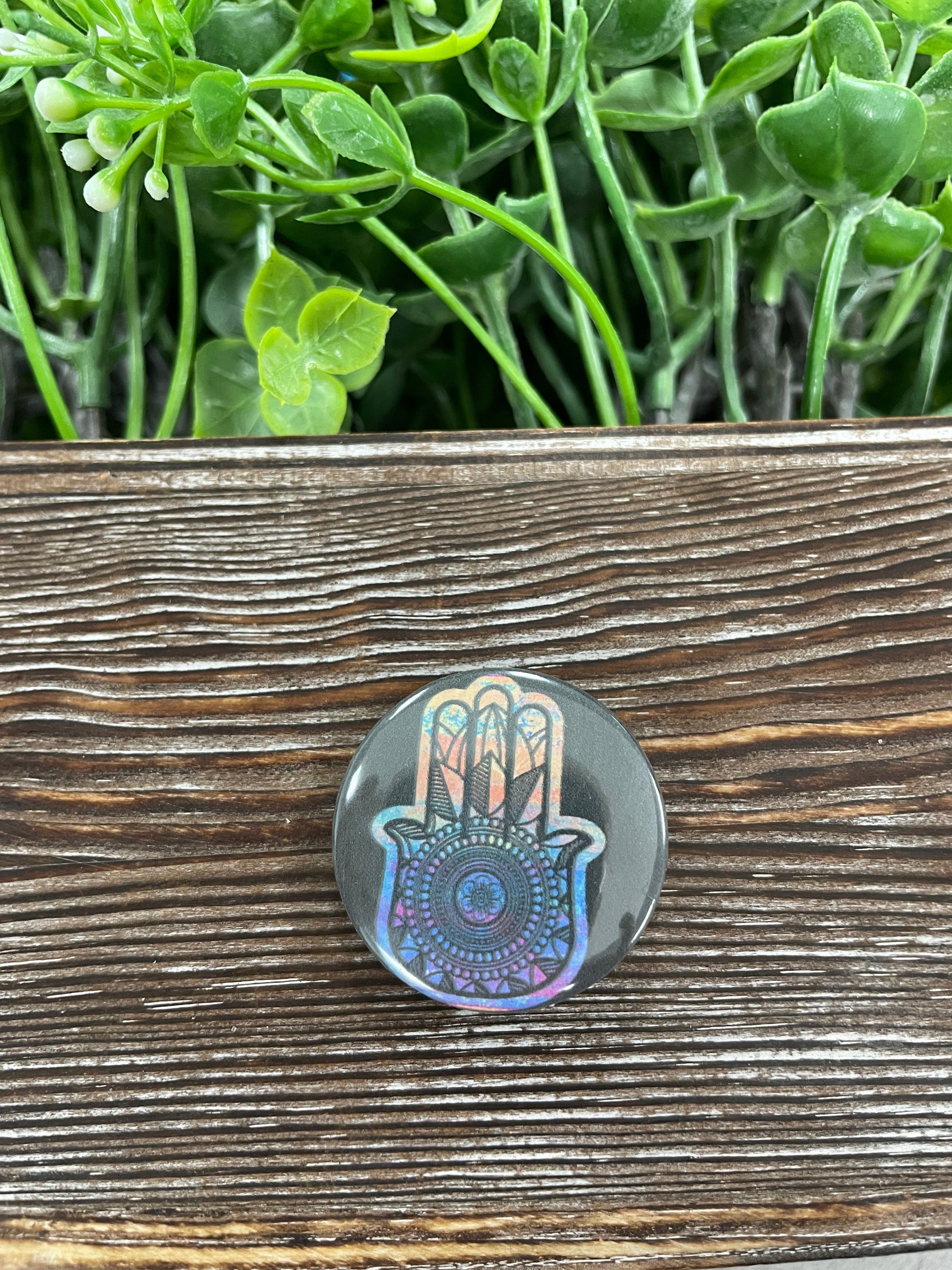 Tie Dye Hamsa Hand, Graphic Art Button / Pin Refrigerator Magnet - Handmade by Marlayna