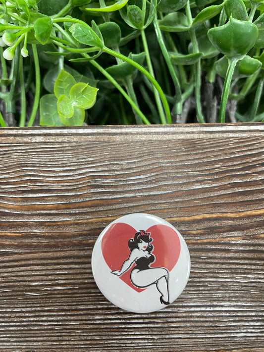 Woman Pinup Heart Graphic Art Button / Pin Refrigerator Magnet - Handmade by Marlayna