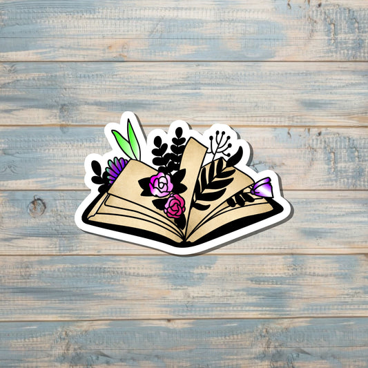 Watercolor Flowers Vintage Book Die Cut Sticker, Graphic Art Sticker, Vinyl, |Sticker or Magnet