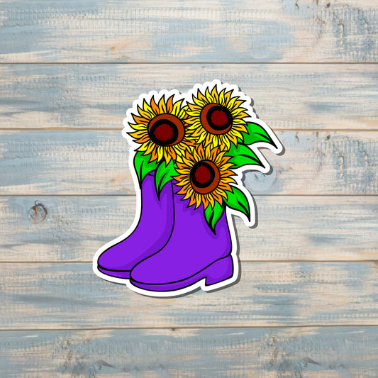 Sunflower in Rain Boots, Die Cut Vinyl Sticker, , Boho Fun, Water Resistant |Sticker or Magnet