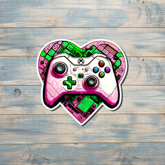 Gaming Sticker, Water Resistant, Gamer Gift, Laptop Decal, Pink Green Heart, Game Controller |Sticker or Magnet