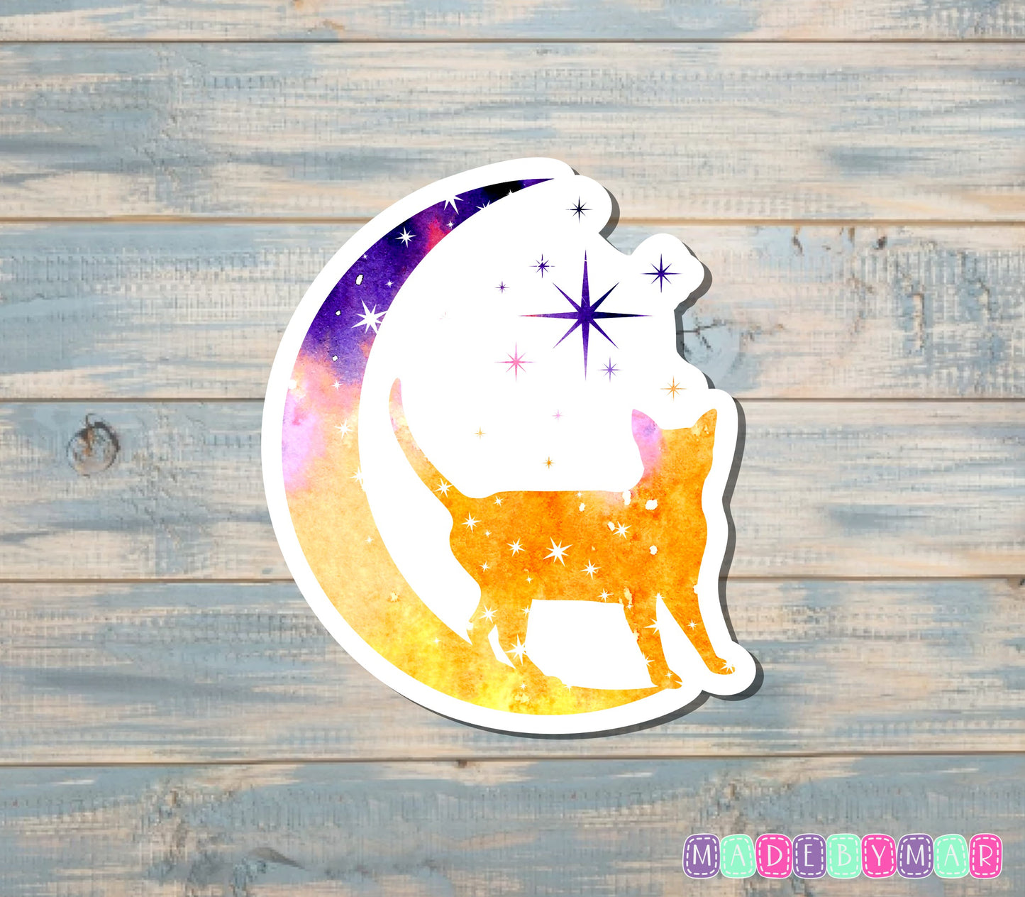 Cat Sitting on Crescent Moon Sticker, Orange and Purple |Sticker or Magnet