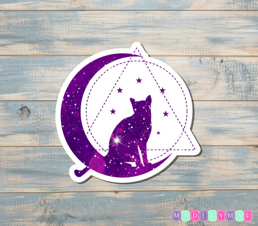 Cat Sitting on Crescent Moon Sticker, Purple Triangle |Sticker or Magnet