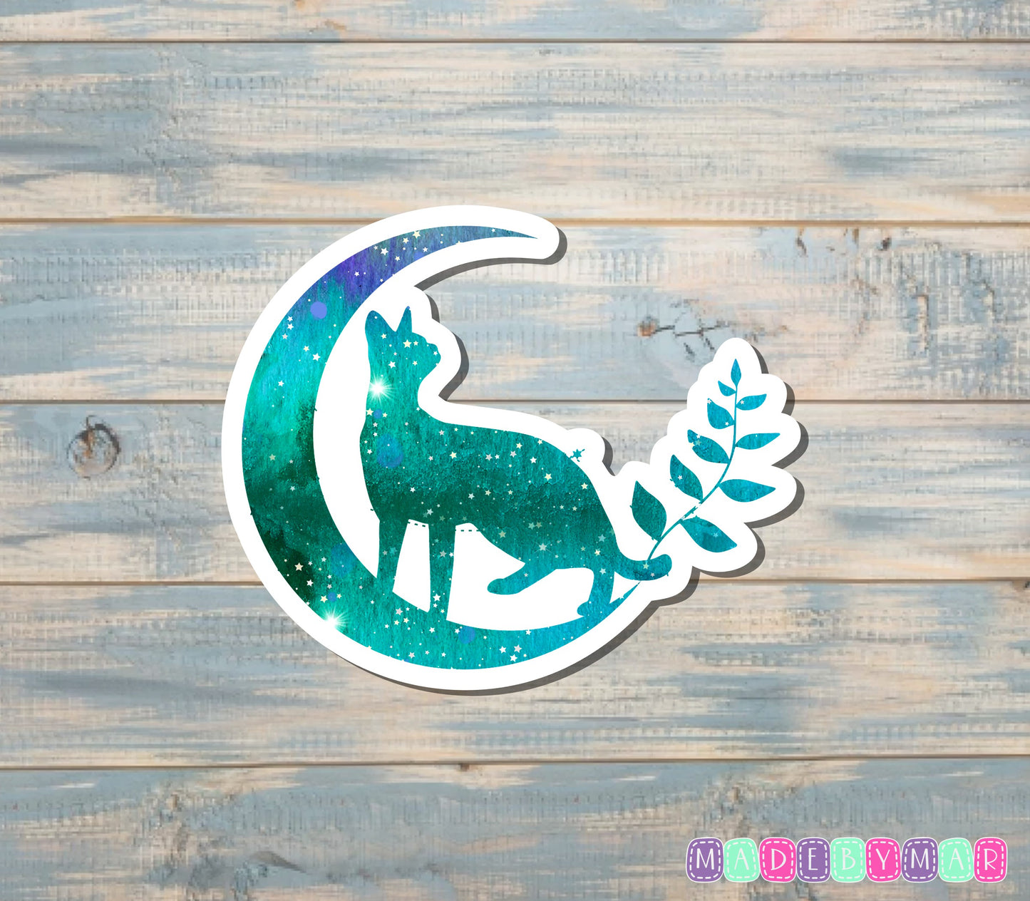 Cat Sitting on Crescent Moon Sticker, Green |Sticker or Magnet