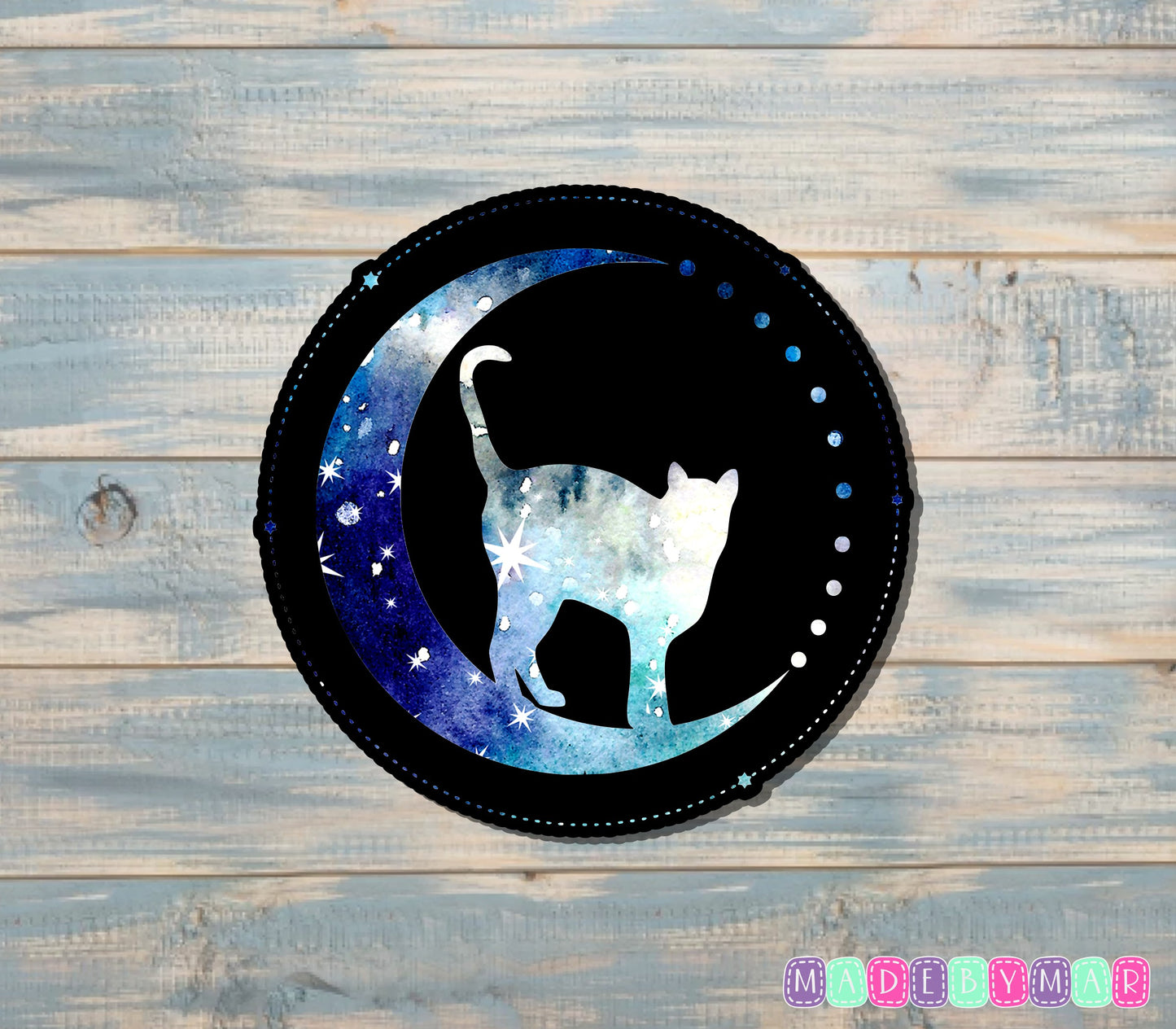 Cat Sitting on Crescent Moon Sticker, Black and Blue |Sticker or Magnet