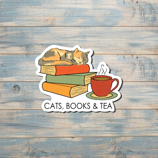 Cats Books and Tea |Vinyl Sticker or Magnet |Refrigerator Fridge Car |Learn Knowledge |Love to Read |Gift for Reader |Funny Quote |Sticker or Magnet