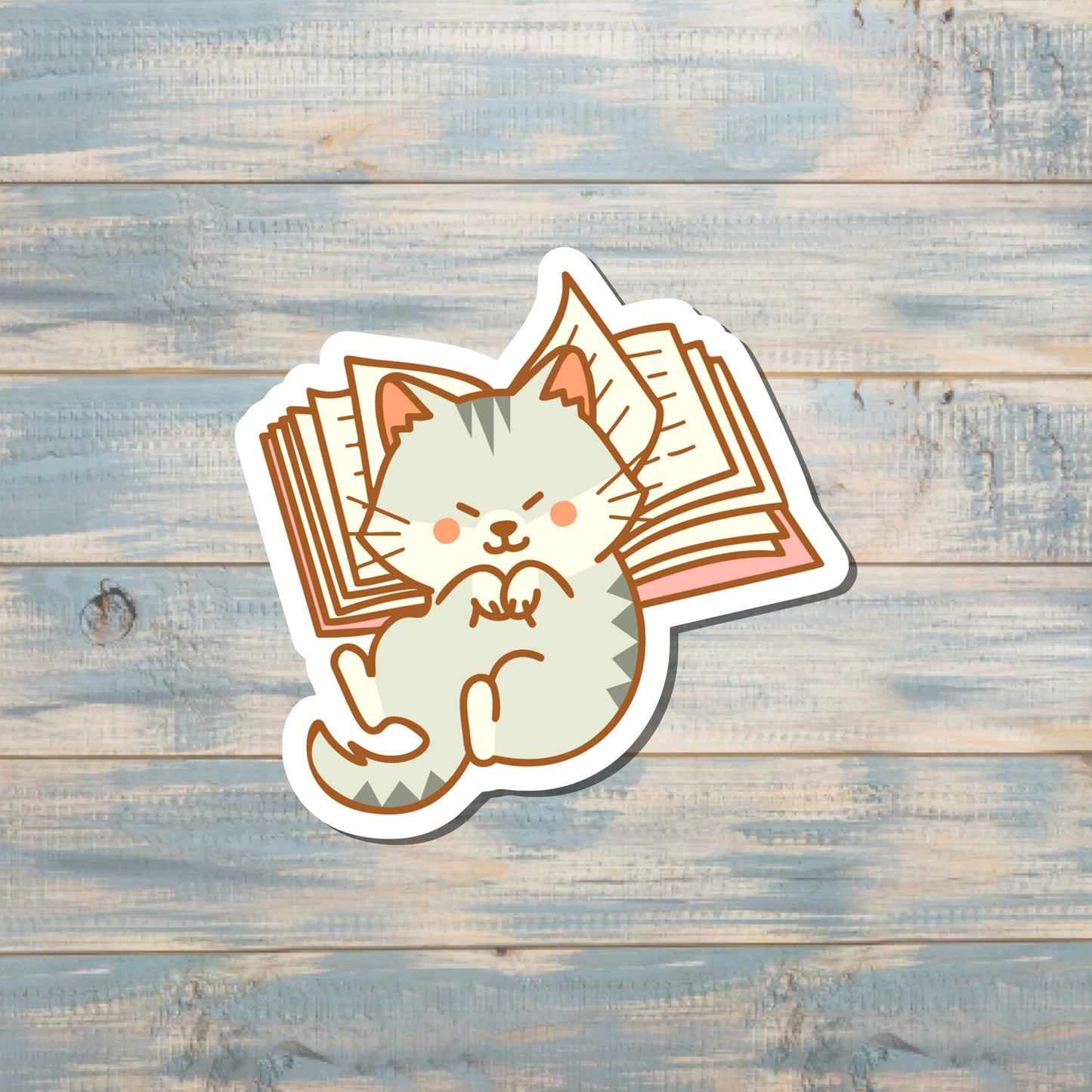 Cute Cat on Book, Die Cut Vinyl Sticker, , Boho Fun, Water Resistant |Sticker or Magnet