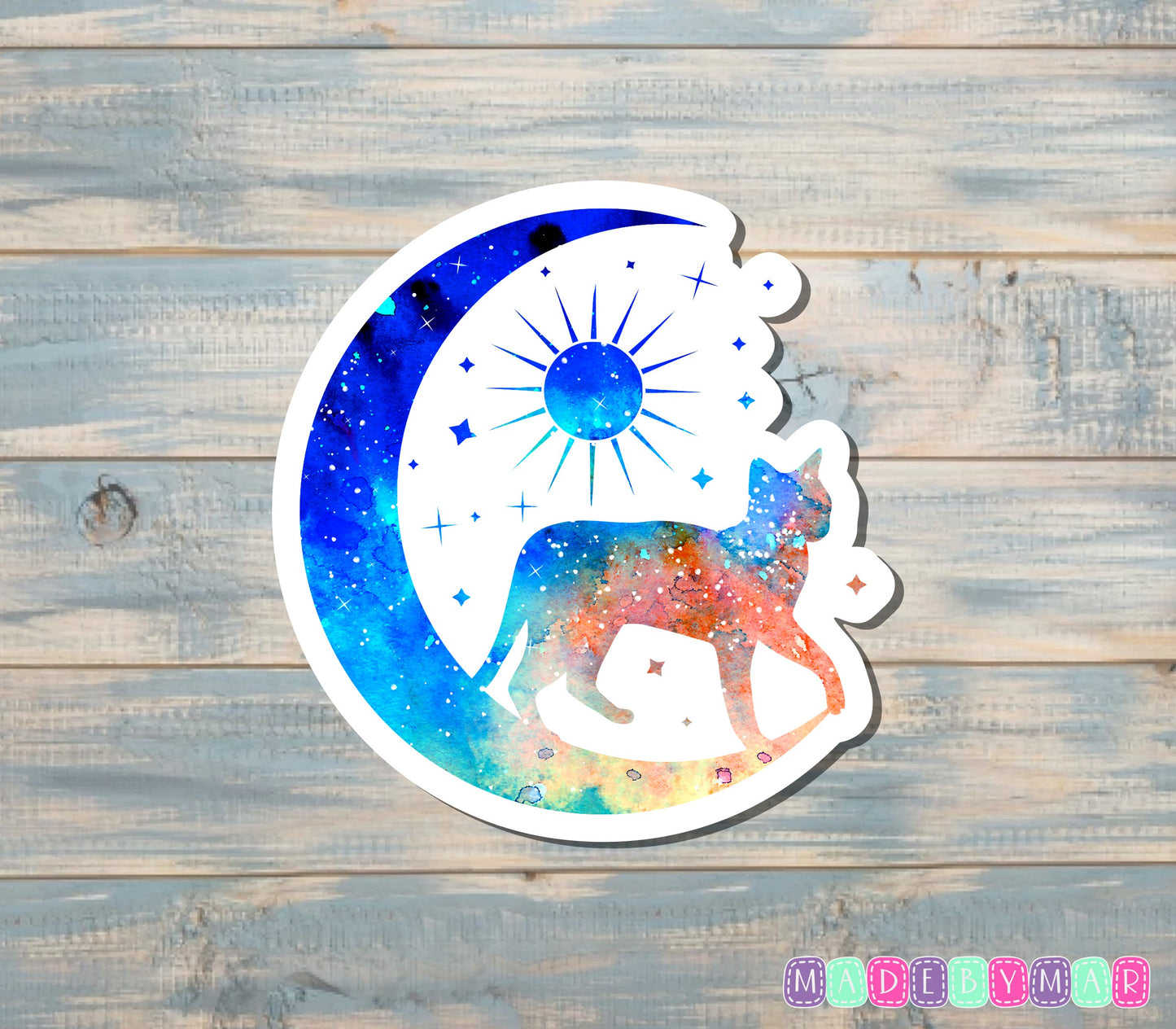 Crescent Moon, Sun, and Cat Sticker, Blue and Orange |Sticker or Magnet