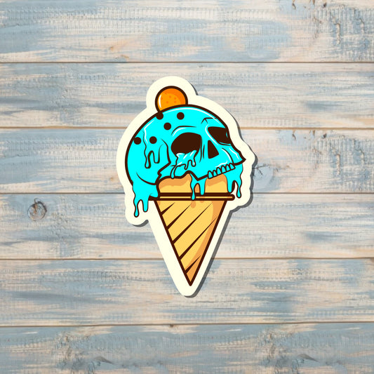 Blue Skull Ice Cream Cone, Die Cut Vinyl Sticker, , Boho Fun, Water Resistant |Sticker or Magnet