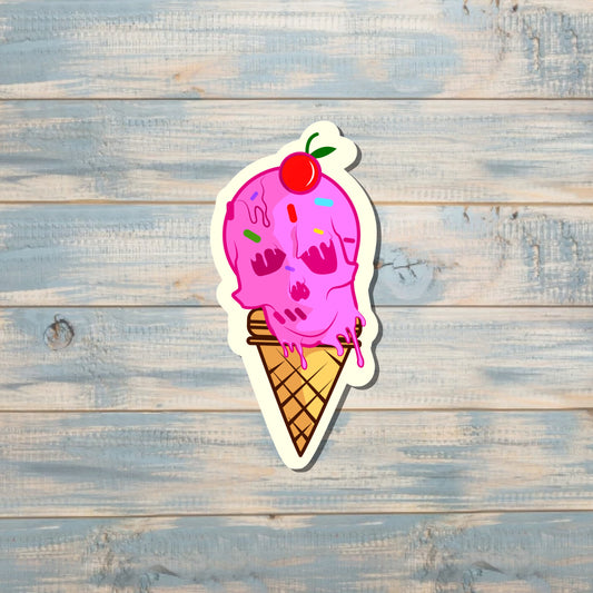 Creepy Skull Pink Ice Cream Cone, Die Cut Vinyl Sticker, , Boho Fun, Water Resistant |Sticker or Magnet