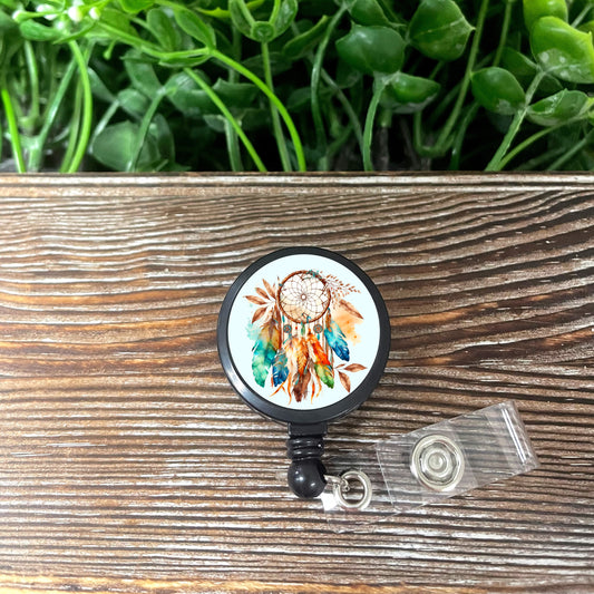 Watercolor Dreamcatcher w/ Feathers, Retractable Badge Reel, , Boho Fun, Sublimation Lanyard Holder, - Handmade by Marlayna