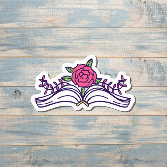 Open Book and Rose, Die Cut Vinyl Sticker, , Boho Fun, Water Resistant, 90s Nostalgia |Sticker or Magnet