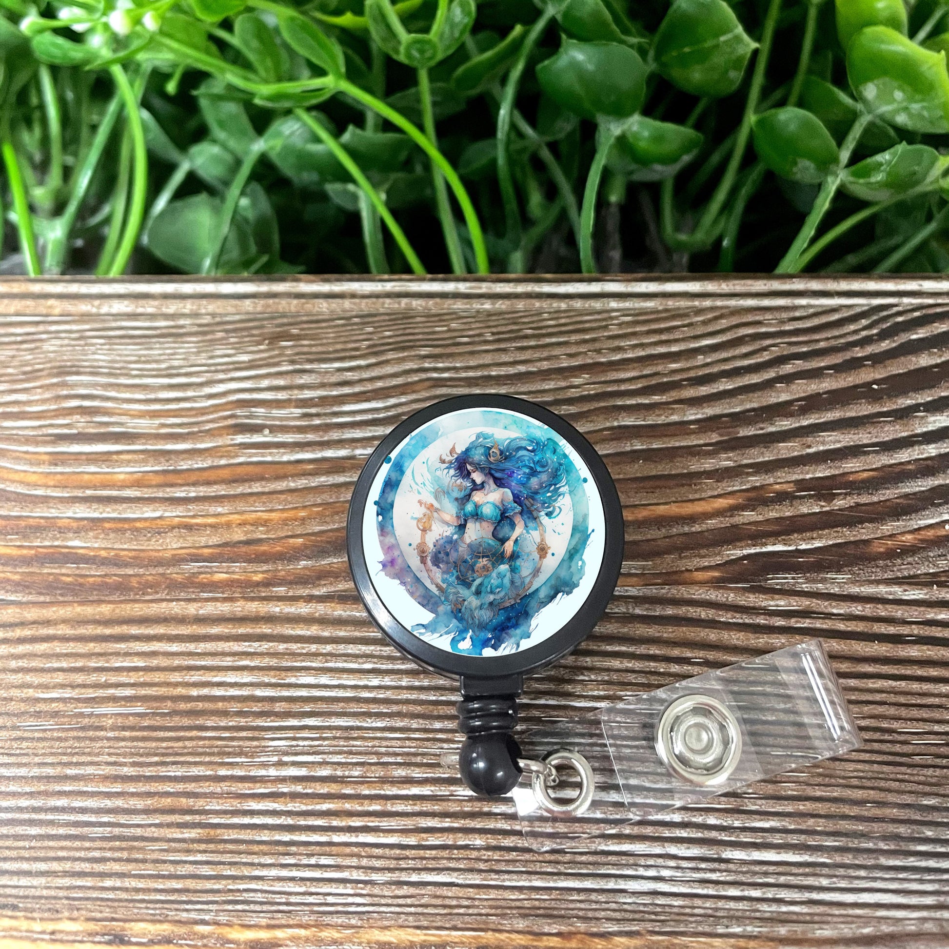 Aquarius Zodiac Sign, Retractable Badge Reel, Boho Fun, Sublimation Lanyard Holder, Watercolor Celestial, Astrological Birthday - Handmade by Marlayna