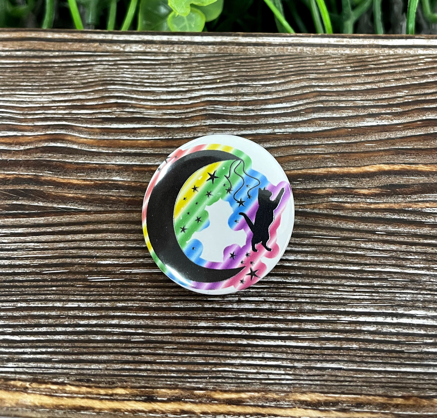 Rainbow Cat and Crescent Moon Graphic Art Button / Pin 1.25” - Handmade by Marlayna