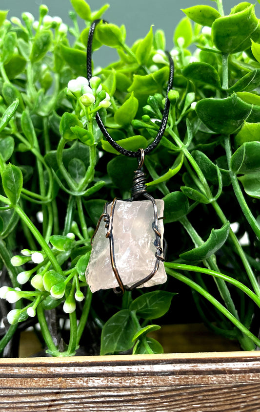 Wire Wrapped Rough Rose Quartz Chunk Gemstone Pendant - Handmade by Marlayna