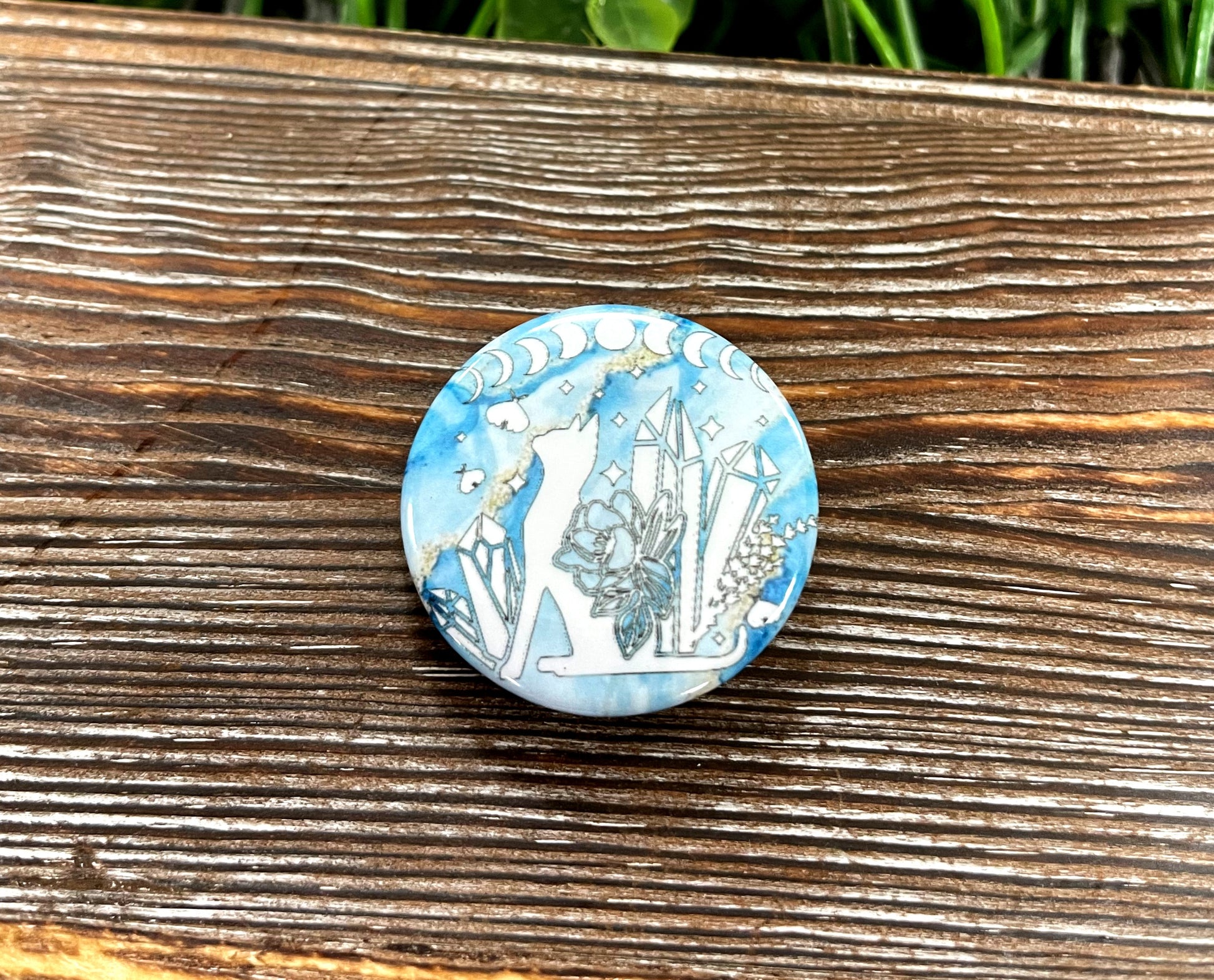 Blue Marble, Cat w/ Crystals, Graphic Art Button / Pin 1.25” - Handmade by Marlayna