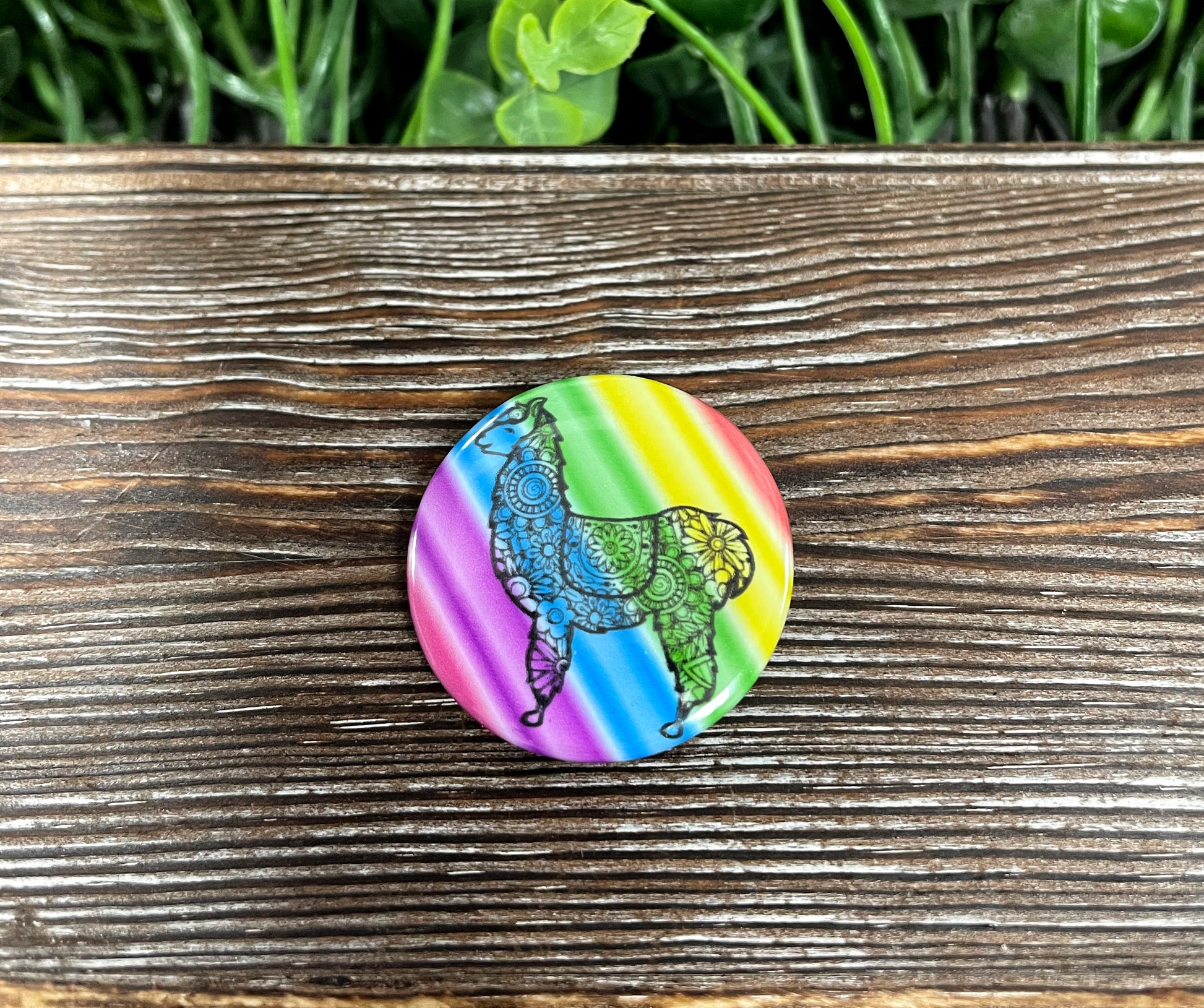 Mandala Llama, Graphic Art Button / Pin 1.25” , Bright Rainbow Colors - Handmade by Marlayna