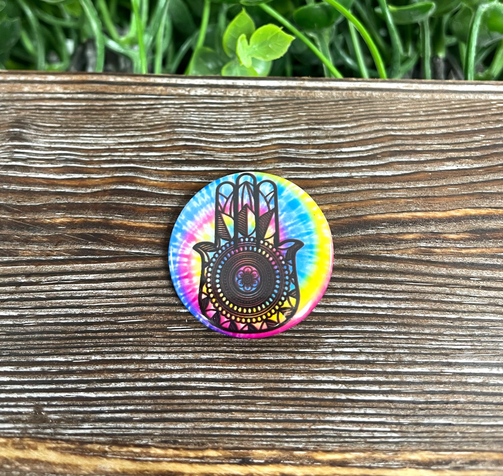 Tie Dye Hamsa Hand, Graphic Art Button / Pin 1.25” - Handmade by Marlayna