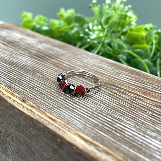 Red and Black Glass Crystal Wire Wrapped Ring - Handmade by Marlayna