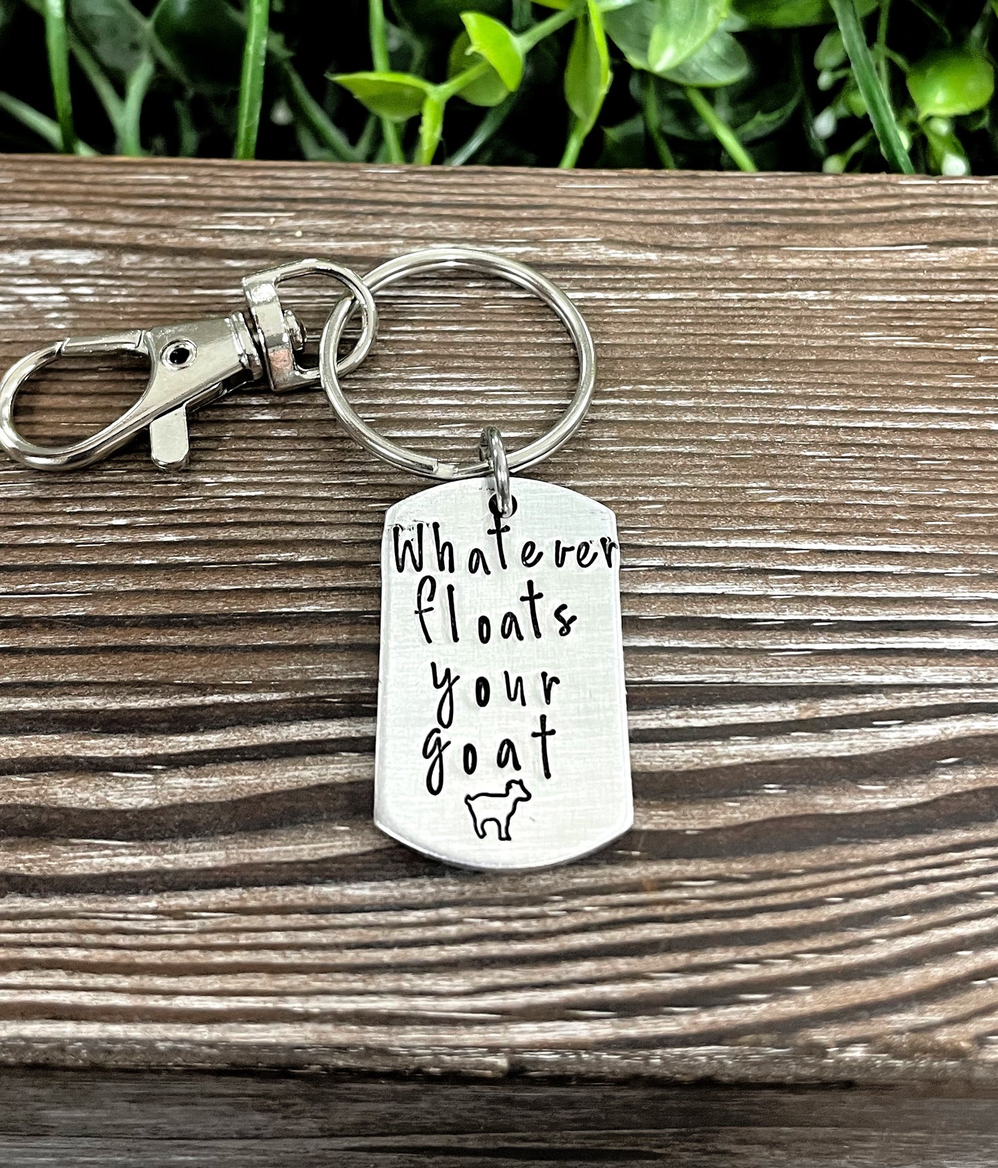 Whatever floats your goat Fun Animal Themed Hand Stamped Key Chain - Handmade by Marlayna