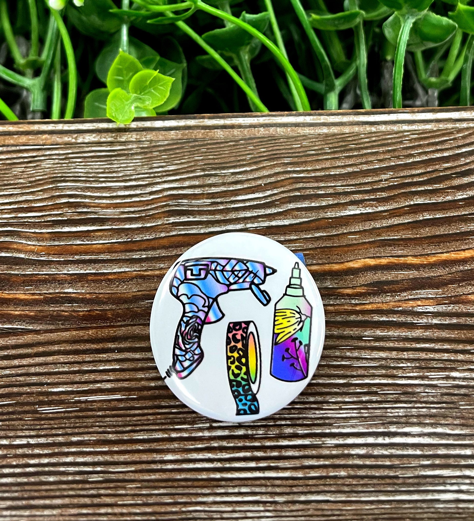 Crafting Hobby, Glue Gun and Tape Graphic Art Button / Pin 1.25” - Handmade by Marlayna