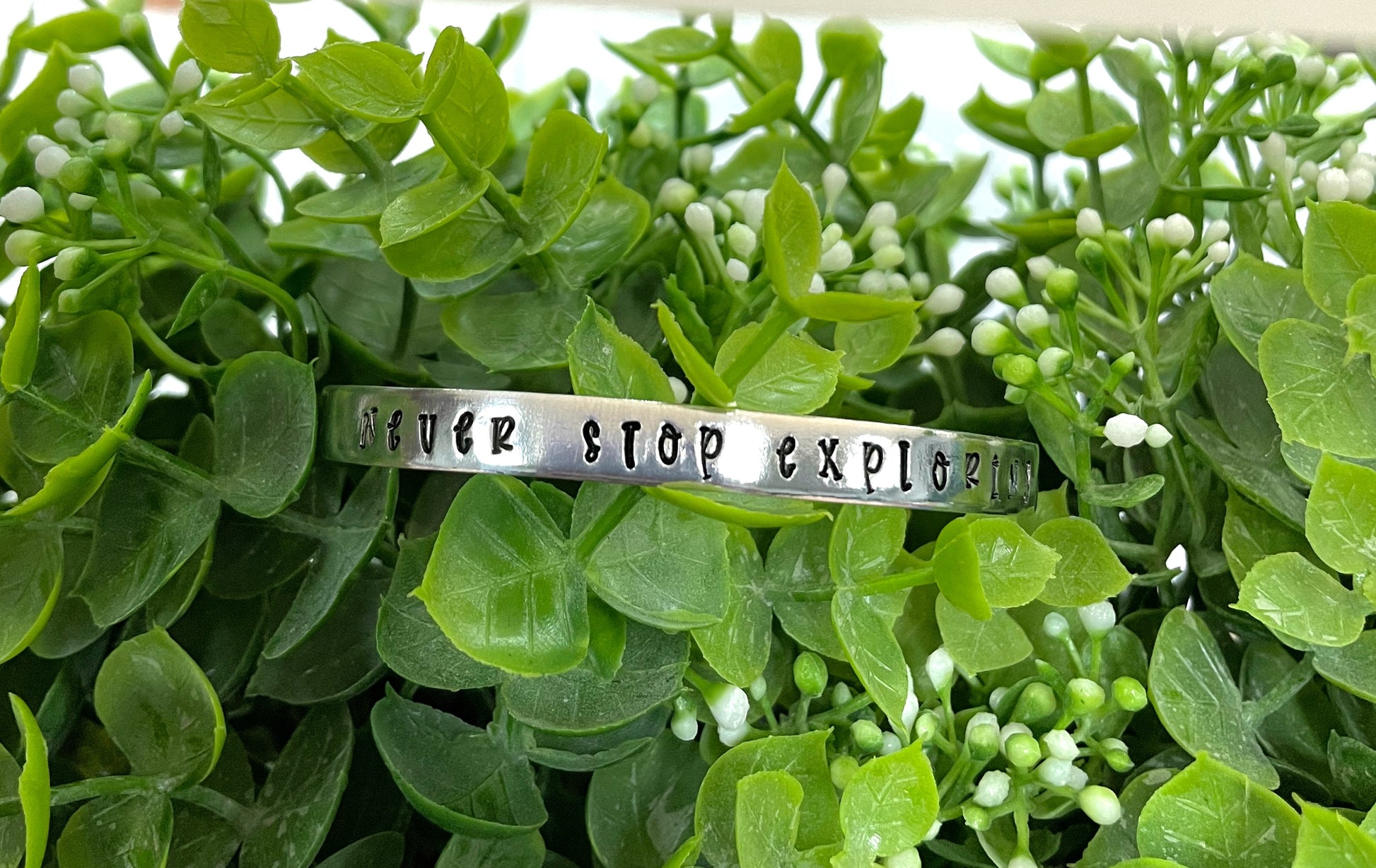 Never Stop Exploring Hand Stamped Cuff Bracelet Sarcasm Quote - Can be d - Handmade by Marlayna