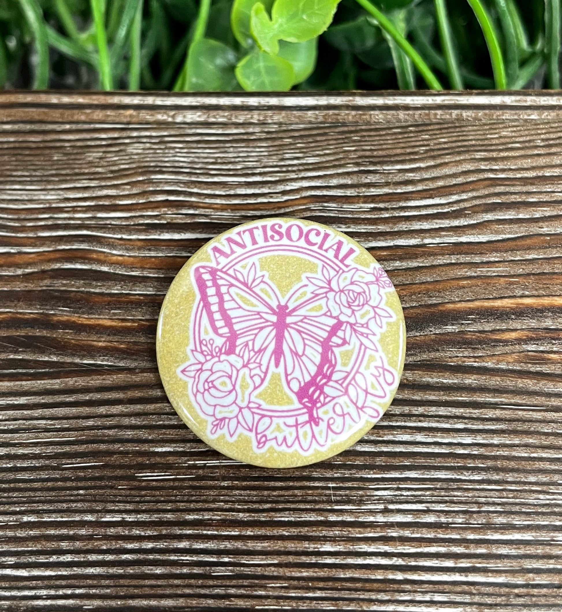 Antisocial Butterfly, Graphic Art Button / Pin 1.25” , Gold Glitter Background - Handmade by Marlayna