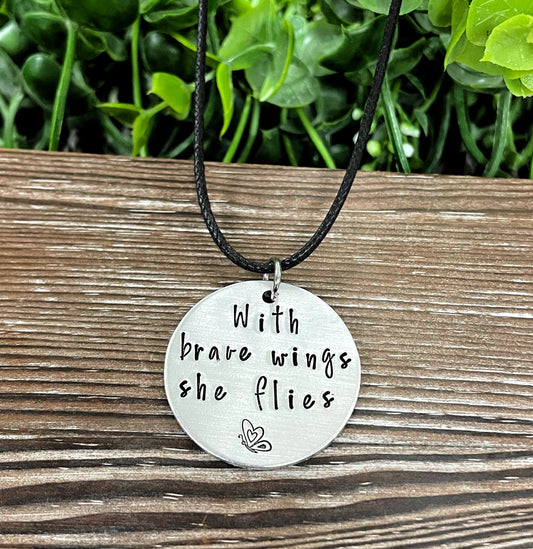 With Brave Wings She Flies Butterfly Hand Stamped Necklace - Handmade by Marlayna