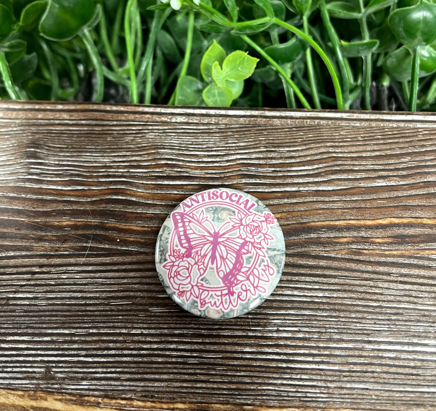 Vintage Antisocial Butterfly, Graphic Art Button / Pin 1.25” - Handmade by Marlayna