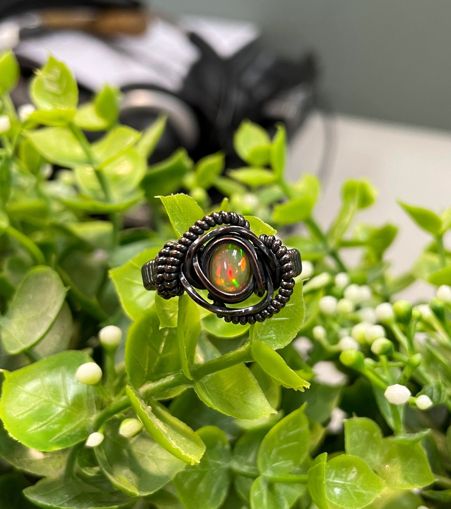 Opal Cabochon Wire Wrapped Ring Size 9 - Handmade by Marlayna