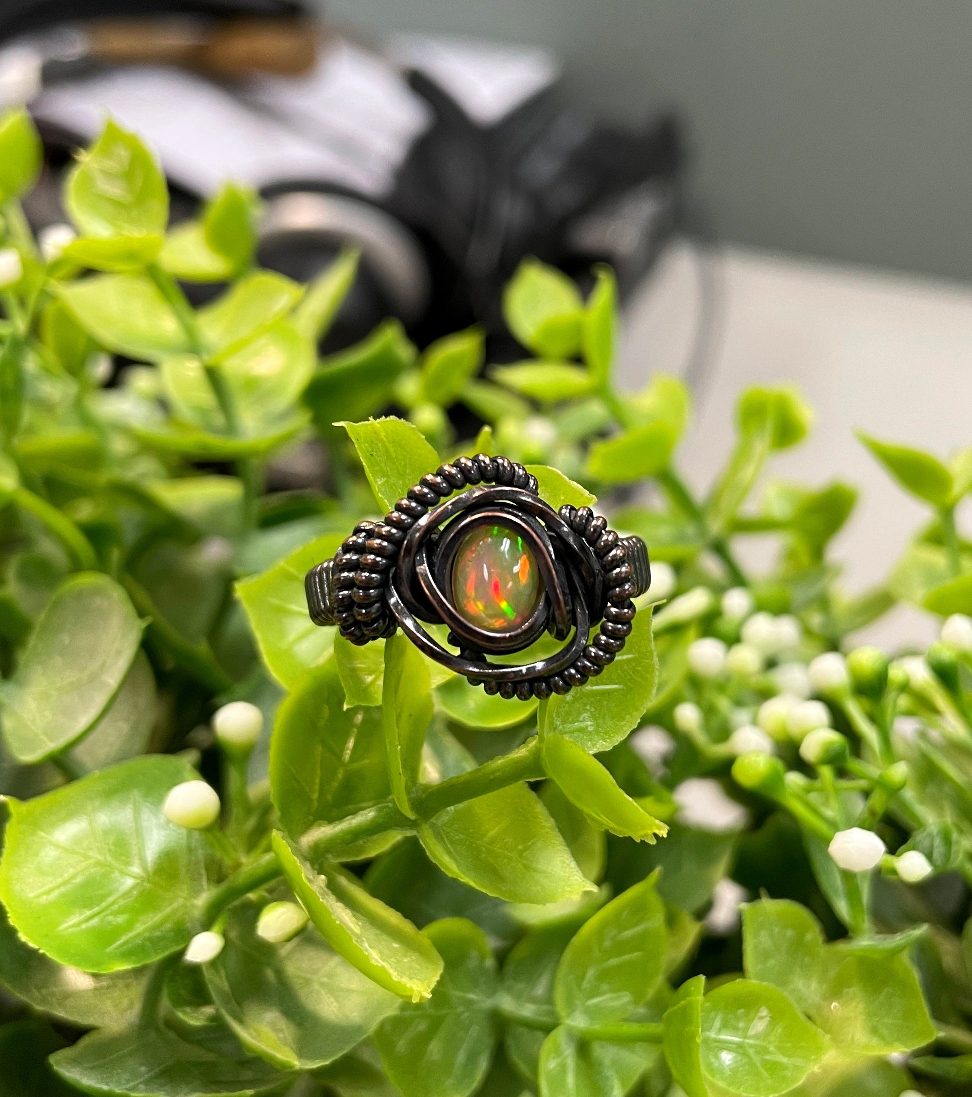 Opal Cabochon Wire Wrapped Ring Size 9 - Handmade by Marlayna