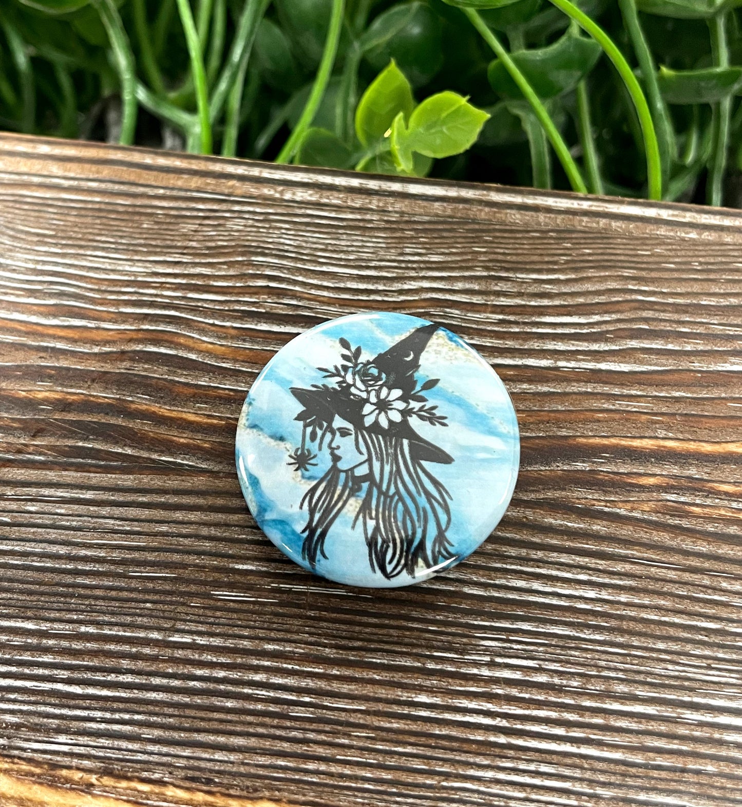 Witch Silhouette, Graphic Art Button / Pin 1.25”, Blue White Marbling - Handmade by Marlayna