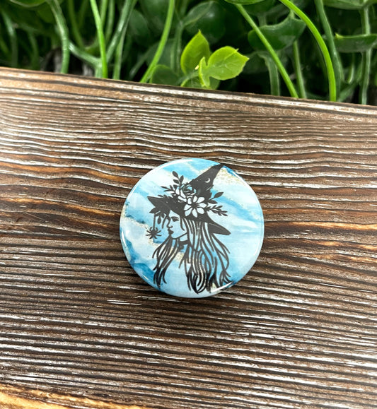 Witch Silhouette, Graphic Art Button / Pin 1.25”, Blue White Marbling - Handmade by Marlayna