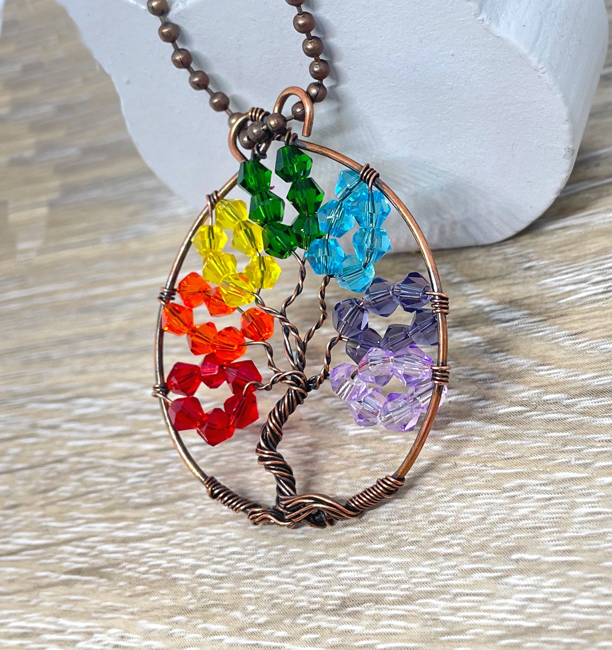 Wire Wrapped Rainbow Tree of Life Pendant with Glass Crystals - Handmade by Marlayna