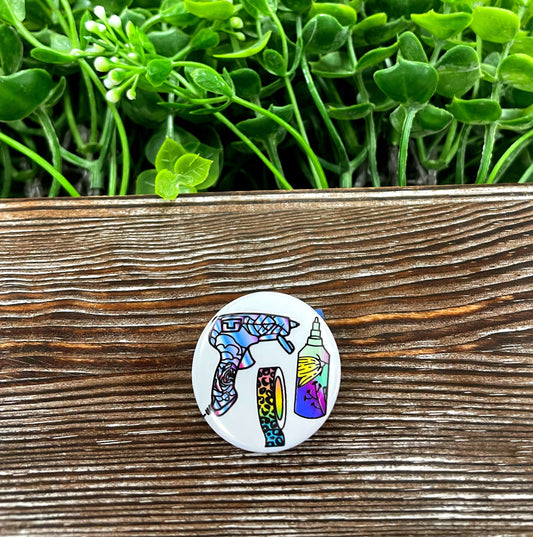 Crafting Hobby, Glue Gun and Tape Graphic Art Button / Pin 1.25” - Handmade by Marlayna