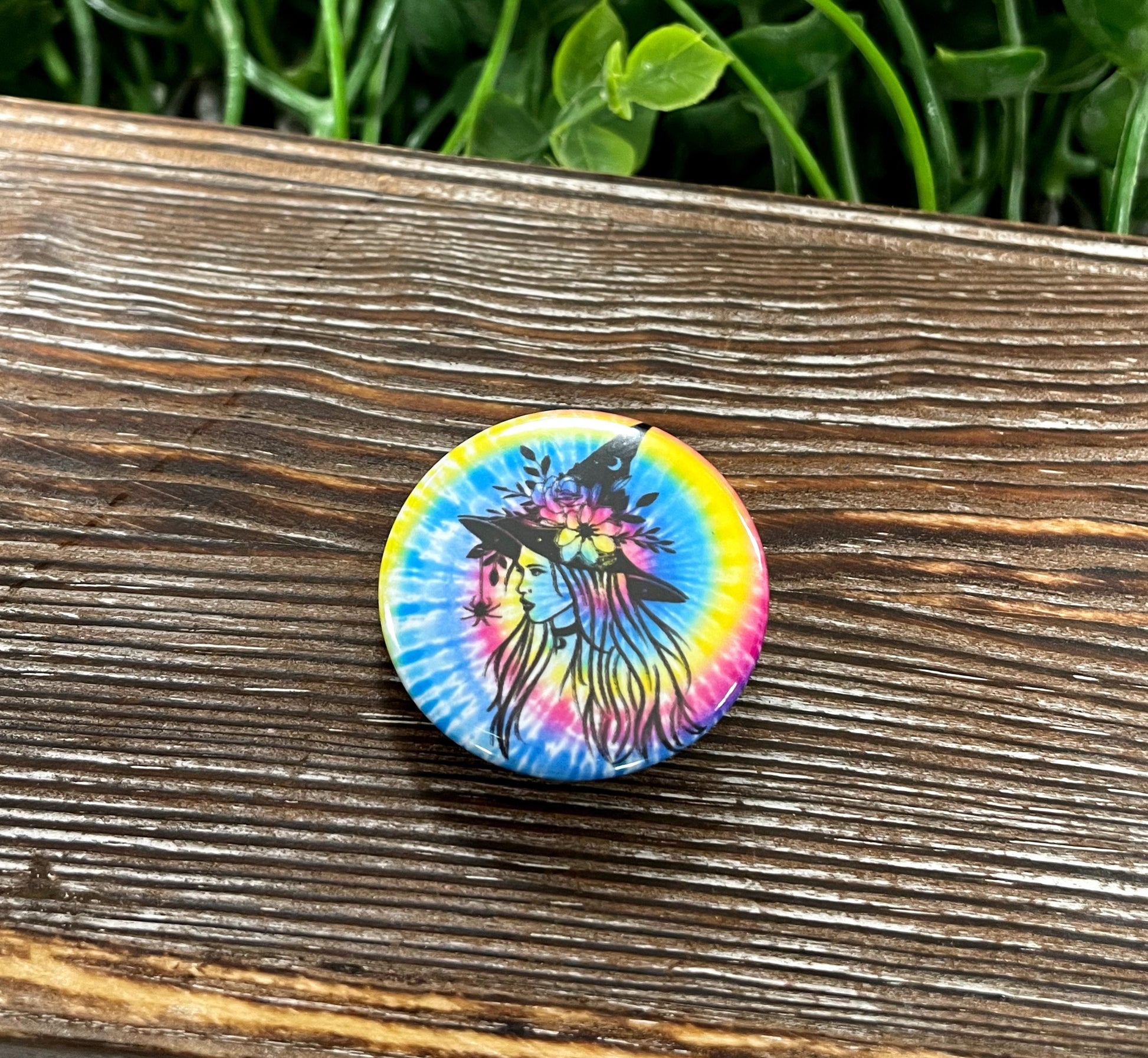 Blue Yellow Pink Tie Dye, Graphic Art Button / Pin 1.25” , Witch Silhouette - Handmade by Marlayna